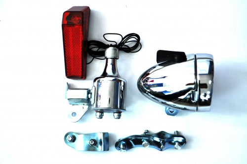 Ліхтар Jing Yi (комп.) 12 вольт, хром., передн.+задн.+динама